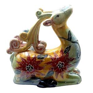 Handpainted Ceramic Lusterware Reindeer Figurine Poinsettia Holiday Christmas